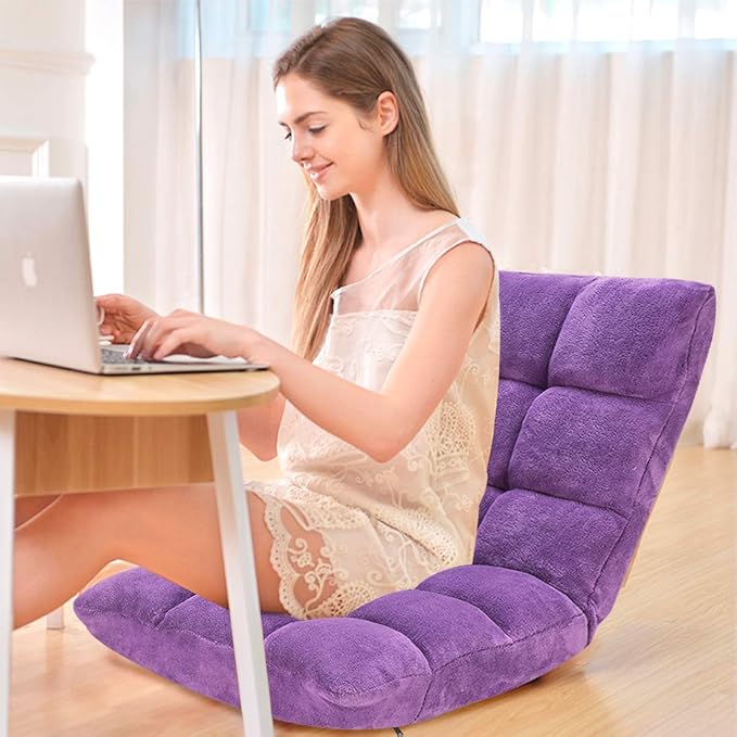 Giantex Floor Chairs for Adults - Floor Gaming Chair with Back Support, Coral Velvet, 14 Adjustable Position, Thick Sponge Padding, Floor Seating Lounge for Reading, Watching TV, Meditation (Purple)
