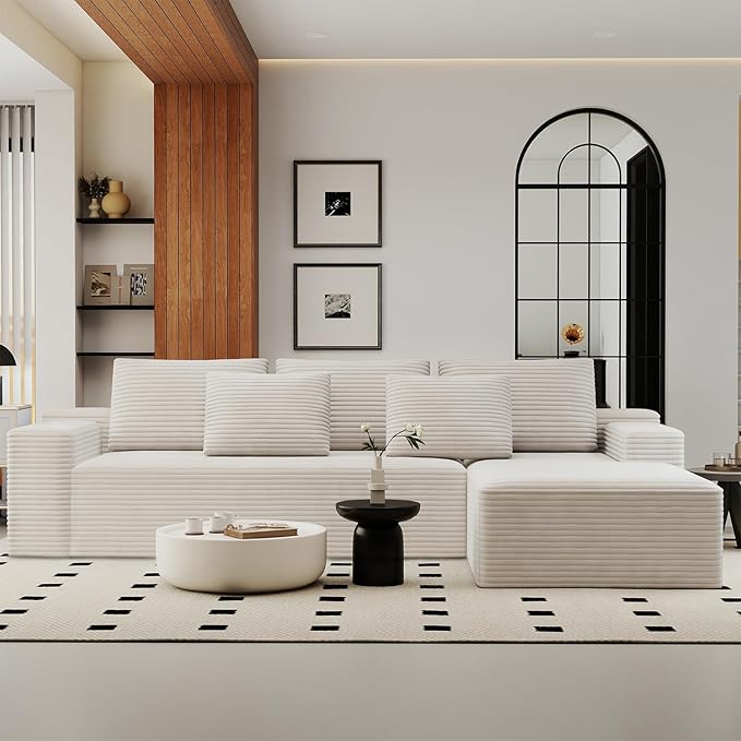 KAPEETOO Modular Sectional Sofa Cloud Couch for Living Room, Right L Shaped Boneless Couch with Chaise Longue, Oversize 3-Seater Sectional Sleeper Sofa Set with Deep Seat Bedroom (White)