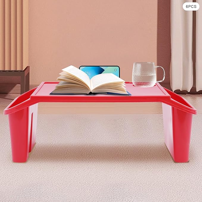 6 Pcs Kids Lap Desk Tray, Plastic Breakfast Lap Desk Trays with Storage Slots, Portable Stackable Lap Tray Tables for Writing Drawing Classroom, 19.69" L x 9.84" W x 7.1" H (Red)