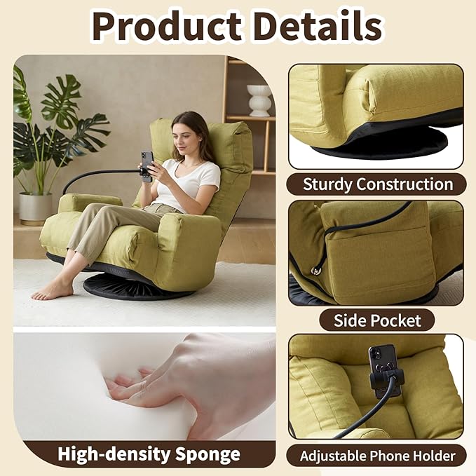 Swivel Lazy Floor Chair, Adjustable Reclining Floor Lounger with Head & Back Support and Phone Holder, Comfy Tatami Sofa Seat for Adults Bedroom & Gaming