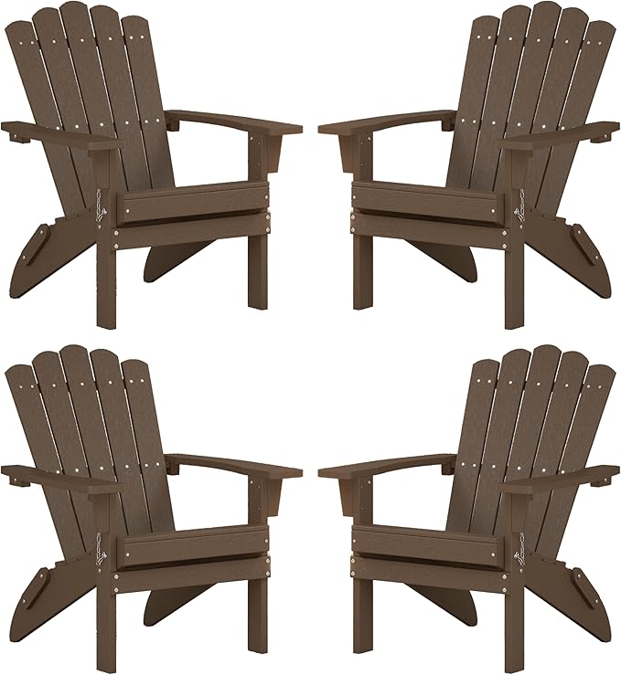 Adirondack Chairs, Folding Chairs Set of 4, Heavy Duty Weather-Resistant Patio Chairs with Wide Armrests & Ergonomic High Back, HDPE Fire Pit Seating for Backyard, Garden, Porch (Brown)