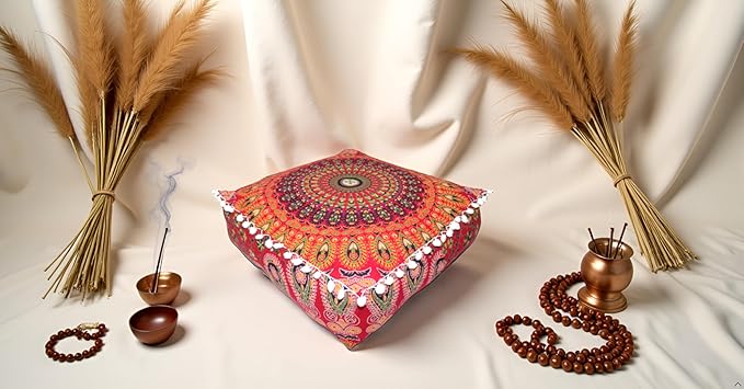 CRAFT KALA Red Peacock Large Hippie Mandala Meditation Floor Ottoman Pillow Cushion Pouf Cover Square Poufs Bohemian Circle Floor Cushion Case Outdoor Fireplace Yoga Living Room Decor Cover 18" Square