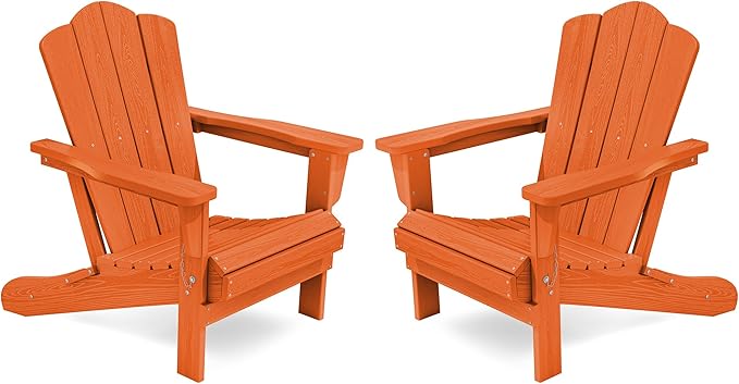 KINGYES Folding Adirondack Chair Set of 2, HDPE All-Weather Folding Adirondack Chair, Orange