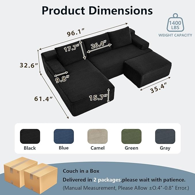 96" W Cloud Sectional Couch with Ottoman,Modern U-Shaped Cloud Couch with Side Pockets,Comfy Corduroy 3-Seater Sofa,Memory Foam Sofa for Living Room,No Assembly (Black,Left-Facing Chaise)