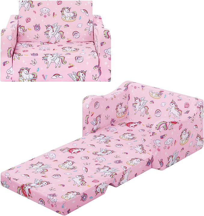 alldomess Comfy Kids Couch, 2-in-1 Folding Kids Sofa Bed for Toddler Girls, Convertible Sofa to Lounger Toddler Couch Chair for Baby Bedroom Playroom Nursery,Unicorns Candies