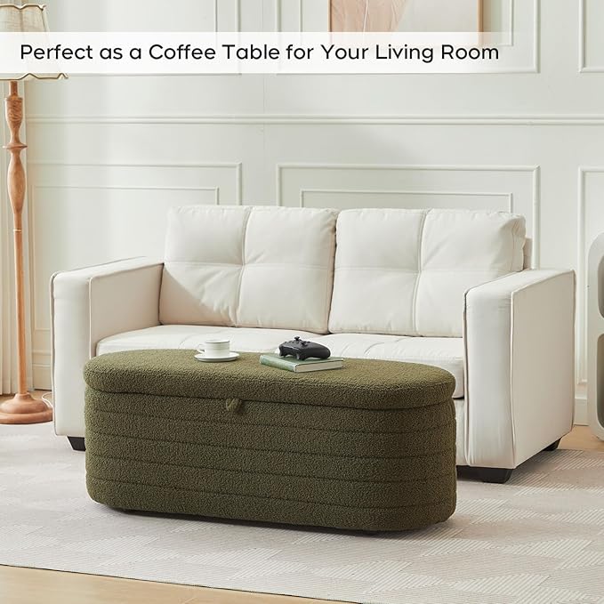 Storage Ottoman Bench End of Bed for Bedroom,45 inch Boucle Upholstered Entryway Shoe Seat Bench w/ Storage,Sherpa Modern Cute Padded Blanket Chest Stool Foot Rest for Living Room,Window Seating,Green