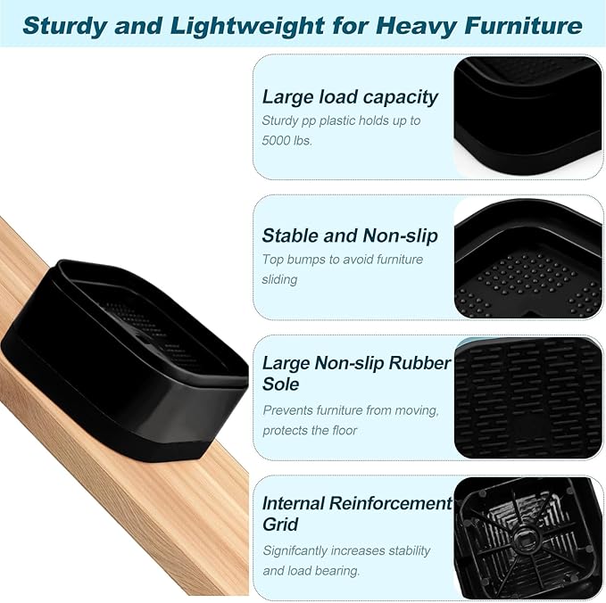 Kvoike 12 Pack Furniture Risers, Adjustable Bed Risers Heavy Duty Stackable Bed Raisers for Table Desk Couch Chair Sofa Cabinet Bed Legs Lift Height 1" (12, Black-2)