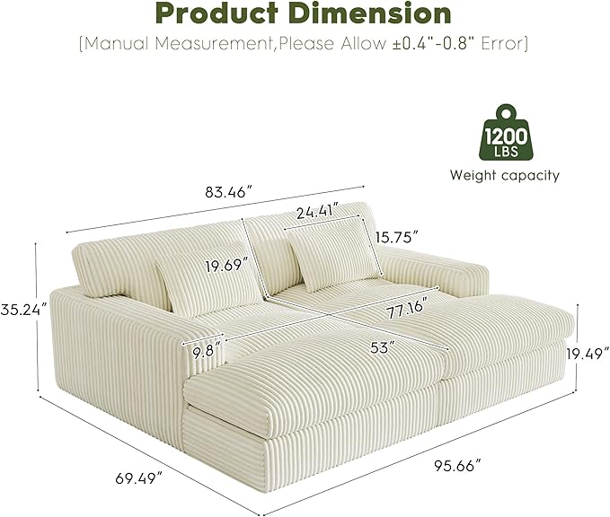 83" Oversized Chaise Lounge Sofa Chair Indoor，Soft Corduroy Fabric, Boneless sofawith Cushion，A Comfortable, deep-Seated Cloud Sofa for use in The Living Room.(2-Seater-White)