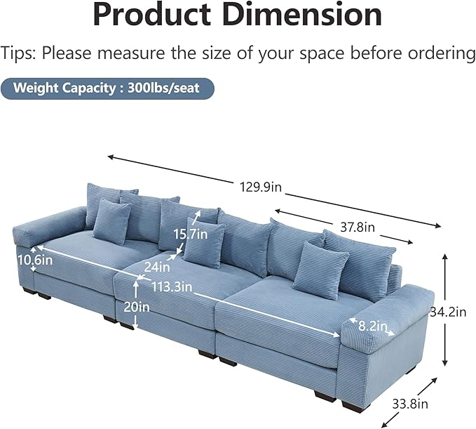 KEIKI 83" Oversized Corduroy Modular Sectional Loveseat Sofa with High-Density Foam Cushions, Extra-Thick Armrest, Upholstered Modern 2-Seater Fluffy Corner Couch with 6 Pillow, for Living Room, Blue
