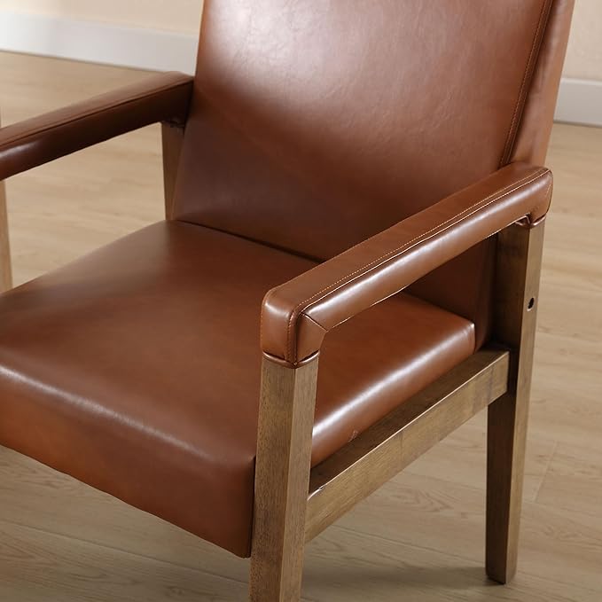 DM Furniture Mid Century Modern Dining Chairs Set of 2 Faux Leather Upholstered Accent Chairs Comfy Kitchen Chairs with Solid Wood Frame Armchair for Living Room, Brown