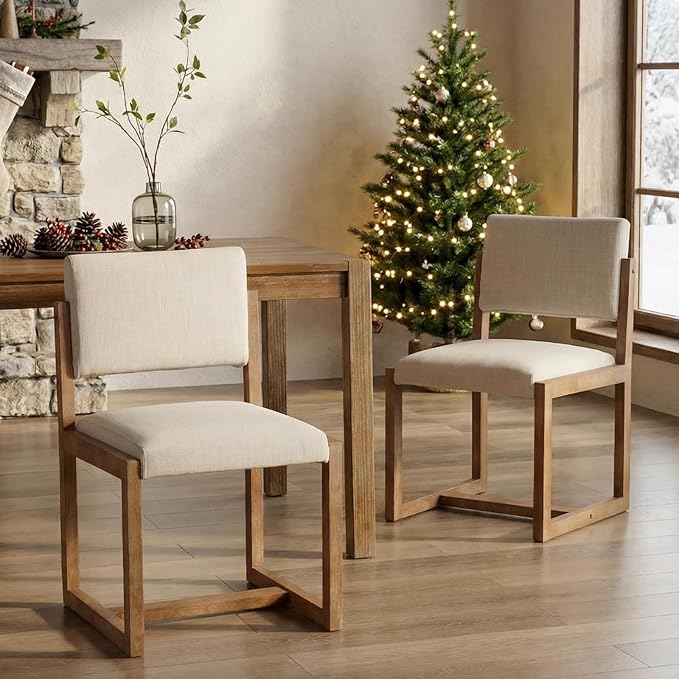 DUOMAY Upholstered Dining Chairs Set of 4, Mid-Century Modern Dining Room Chairs, Linen Fabric Kitchen Side Chairs with Wood Legs, Beige