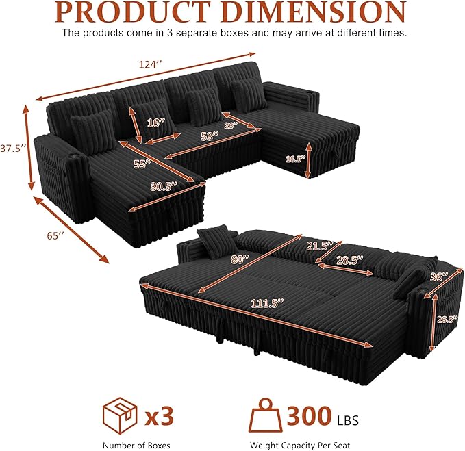 124" Sectional Sleeper Sofa with Pull Out Bed, Comfy Fluffy Plush Corduroy Cloud Sectional Couches for Living Room, U Shaped Modular Couch with Storage Chaise, Cup Holder & USB Charger, Black