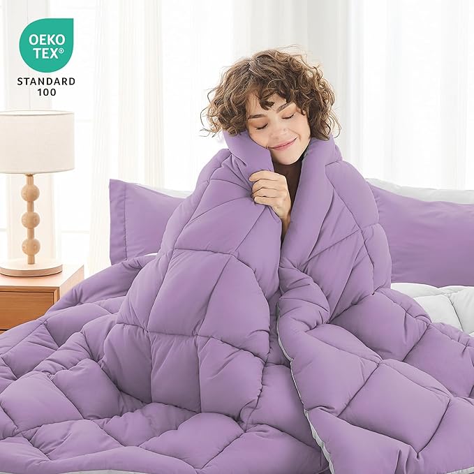 MUXHOMO 7 Pieces California King Comforter Set, Reversible Bed in a Bag Cal King Size, All Season Bedding Set with Comforter, Flat Sheet, Fitted Sheet, Pillowcases & Shams, Greyish Purple & Light Grey