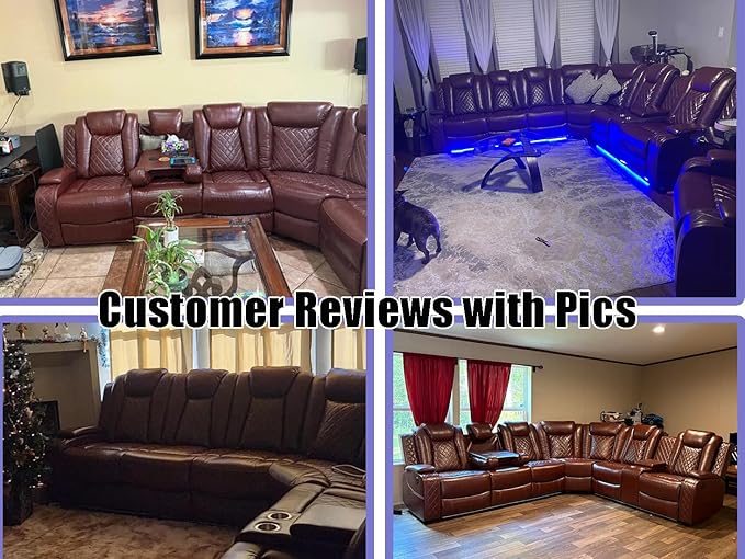 Dekmxas Leather Sectional 3-Piece Living Room Furniture Sets with LED Light, Power Recliner Sectional Sofa, Brown Power Reclining Sofa Couches Set with Cup Holder/Storage Console for Home Theater