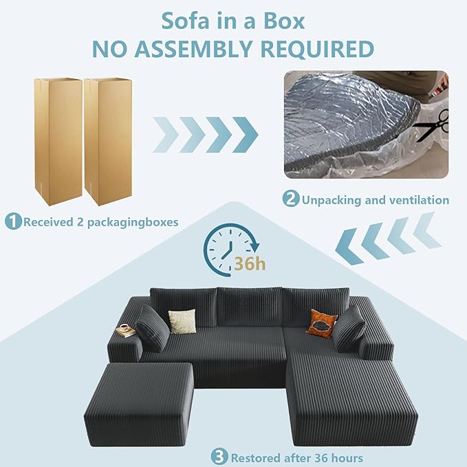 96" W Cloud Sectional Couch with Ottoman,Modern U-Shaped Cloud Couch with Deep Seat,Comfy Corduroy 3-Seater Sofa,Memory Foam Sofa for Living Room,No Assembly (Dark Grey,Right-Facing Chaise)