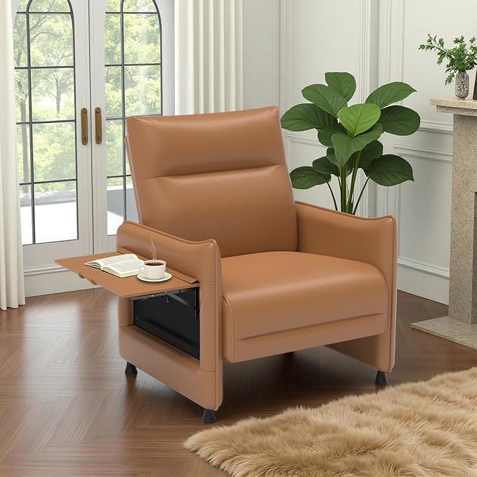 Upholstered Accent Sofa, Modern Faux Leather Sofa Chair with Hidden Foldable Tray & Side Pocket, Front Contour Arm Design, Small Accent Sofa for Bedroom, Brown