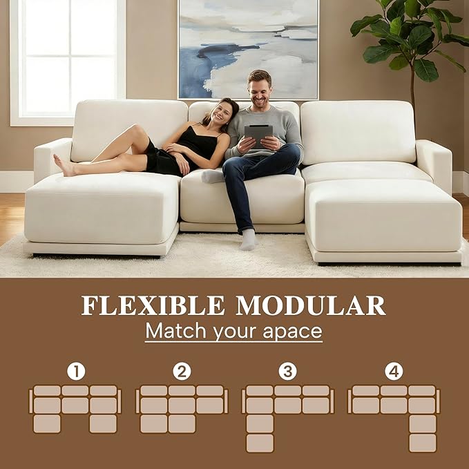 CAPCAPA 112" Modular Sectional Couches for Living Room, U-Shaped Modern Sofa with Ottomans, 5-Piece Chenille Sofa Set for Home Furniture, Beige