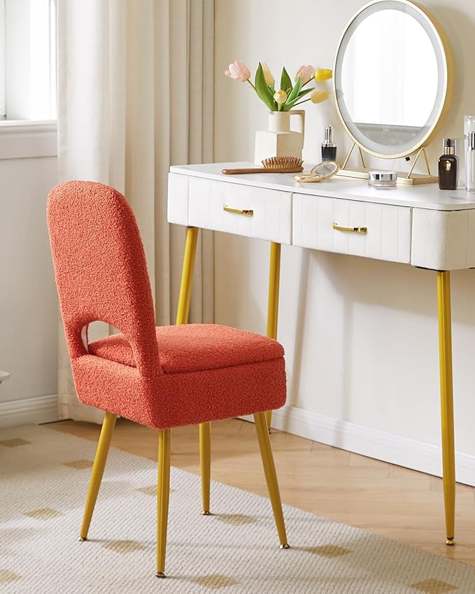 IBUYKE Small Storage Vanity Stool with Folding Backrest, 12.99" x 13.78" x 31.5" Square Teddy Velvet Ottoman, Makeup Chair for Living Room, 4 Metal Legs with Anti-Slip Feet, Orange WBD027J