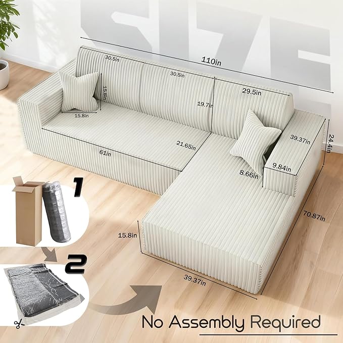 Komusou 110" Boneless Couch, Cloud Modular Sectional Sofa with L-Shape Chaise, Modern Upholstered Couches for Living Room Bedroom No Assembly Required (Beige, Right Facing Chaise)