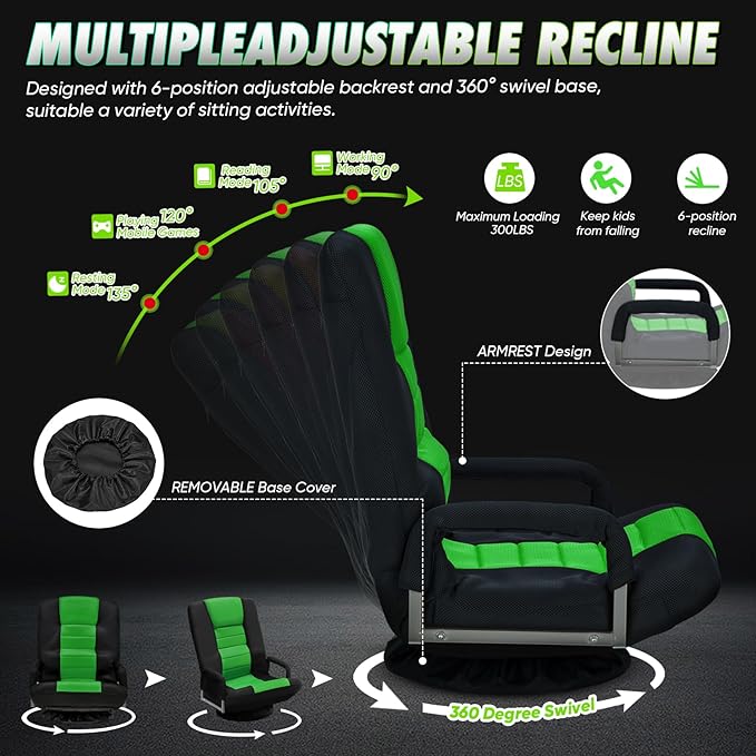 Swivel Gaming Chair 360 Degree Multipurpose 2PACK Floor Chair w/Armrest & 6 Adjustable Postions Backrest for Adults & Kids, for Reading, Gaming, Watching, Relaxing, Green