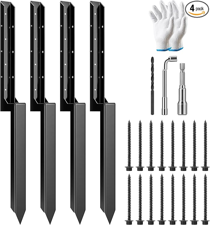 VIVOSUN Fence Post Repair Kit, Heavy-Duty Ground Spike with Gloves for Repairing Tilted or Broken Wood Posts (4 Pack, Black)