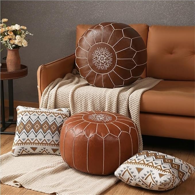Vintage Leather Pouf Ottoman Round Meditation Cushion Floor Pouf Footrest Retro Fashion Style Floor Cushion for Living Room Heavy Duty(Orange)