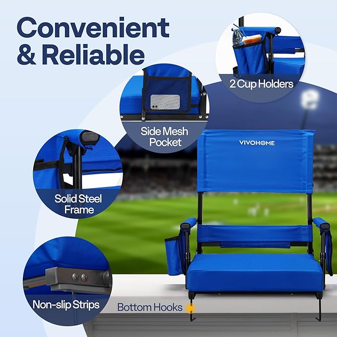 VIVOHOME Height Adjustable High Back Stadium Seats with Back Support and Cushion, 2 Pack Portable Bleacher Chairs with Cup Holder and Shoulder Strap, Blue