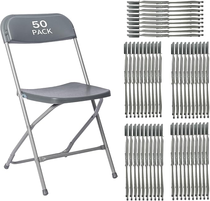 50 Pack Gary Plastic Folding Chair, Indoor Outdoor Portable Stackable Commercial Seat with Steel Frame 350lb. Capacity for Events Office Wedding Party Picnic Kitchen Dining
