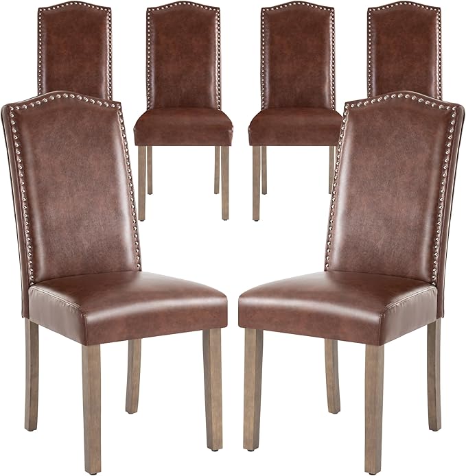 SNUGWAY Upholstered Dining Chair Stylish Parsons Kitchen High Back with Silver Nailhead Trim & Wood Legs, 6-Pack, PU Light Brown
