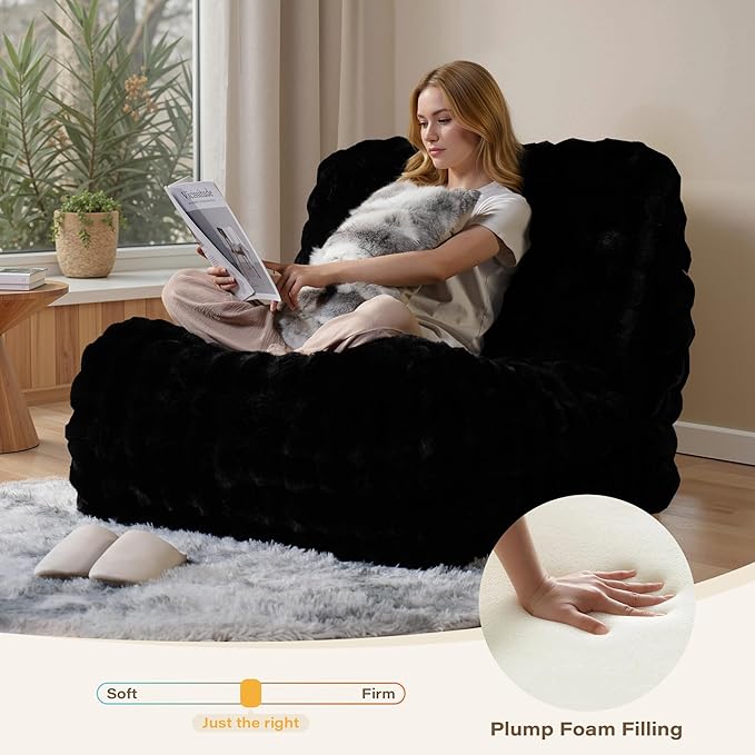 Black Bean Bag Chairs for Adults,Comfy Small Bean Bag Sofa with Back Support,Memory Foam Bean Bag Chair for Kids,Faux Fur Fireside Beanbags Lazy Sofa for Bedroom,Dorm,Apartment,Living Room