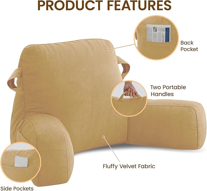 Unisakey Portable Comfy Reading Pillows for Bed Sitting Up(Camel Oeko-Tex), Velvet Back Pillow with Arms & Pockets for Adults, Support Memory Foam Bed Pillow for Dorm/Reading/Watching/Gaming