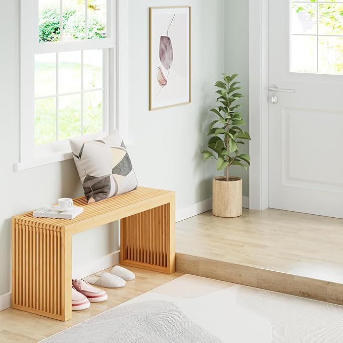 APRTAT Bamboo Dining Bench, 35 inch Farmhouse Decor Indoor Kitchen Table Bench, Entryway Shoe Rack Bench Solid Bamboo Benches for Living Room, Hallway, Bedroom, Bathroom (Nature, Long-Outdoor)