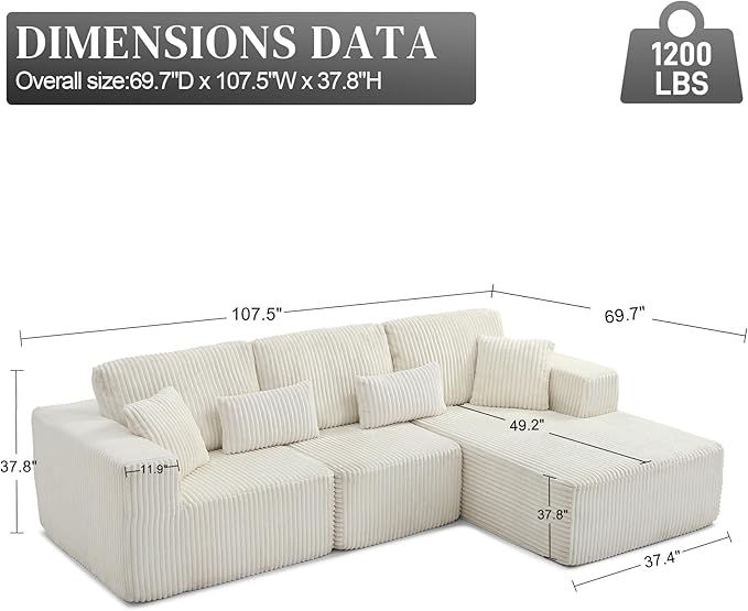 HYJT-H&K Modular Sectional Sofa Cloud Sectional Couch, 107" Comfy Fluffy L Shaped White Couches for Living Room, Deep Seat Memory Foam Plush Corduroy Boneless Couch Sectionals Right Facing Chaise Sofa