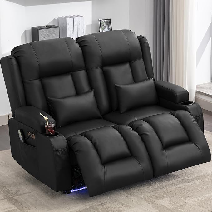 URRED Loveseat Recliner Sofa with Massage and Heat, Power Reclining Loveseat Sofa RV Couch Home Theater Seating with LED Lights, Cup Holders, Side Pockets, USB, Pillows, Faux Leather, Black