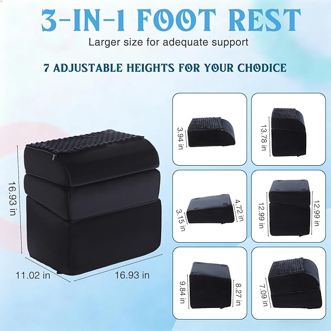 Novabright Adjustable Under Desk Foot Rest, Memory Foam Foot Stool with Gel Top and Warm Pocket Washable Cover Footrest for Office Chair Leg and Back Pain Relief(17" X 11" X 17",Cambered,Black)