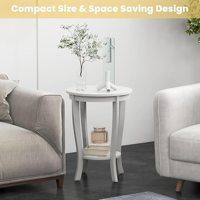GOFLAME 2-Tier Round End Table Set of 2, 18” Sofa Side Table with Storage Shelf, Floor Tea Table with Solid Wood Legs, Compact Nightstand for Small Space, Living Room, Bedroom, White