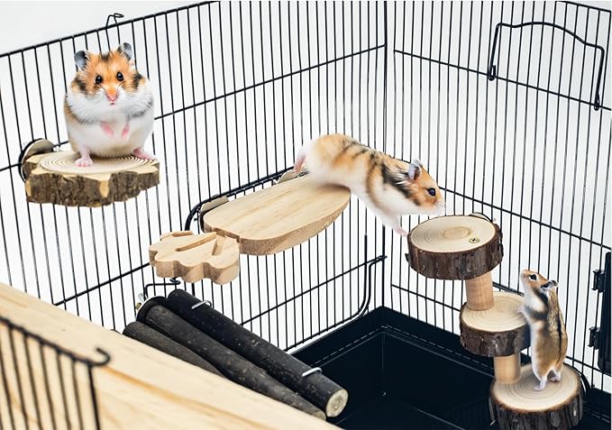 GNB PET Space Expanding Natural Wood Hamster Platform Set, DIY Small Animal Playground Accessories for Hamster Cage, Climbing & Resting Toys with Adjustable Screws for Hamsters, Chinchillas, Gerbils
