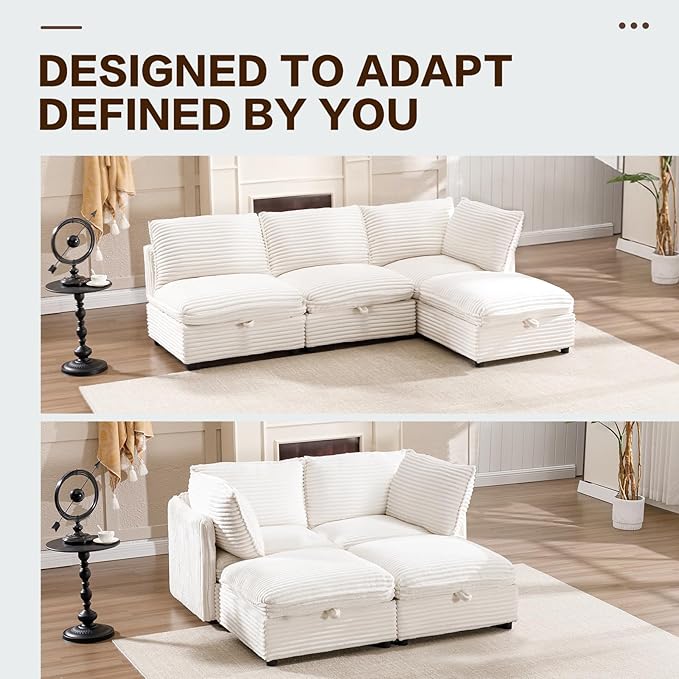 FIRLZY 92" Modular Sectional 4 Seater Sofa with Removable Covers and Storage, Convertible L-Shaped and Sleeper Sectional, Modern Corduroy Couches with Ottoman Chaise for Living Room, Apartment, White