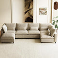 130" W x 67" D U Shape Sectional Sofa with USB Charging & Cup Holder & Storage, 6 Seater Plush Corduroy Couches with Movable Ottoman, Cloud Couch Sofas for Living Room, DIY Combination - Light Camel