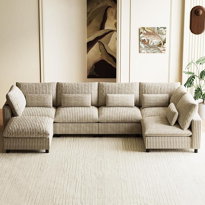 130" W x 67" D U Shape Sectional Sofa with USB Charging & Cup Holder & Storage, 6 Seater Plush Corduroy Couches with Movable Ottoman, Cloud Couch Sofas for Living Room, DIY Combination - Light Camel