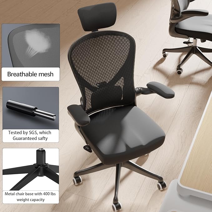 Office Chair with Adjustable Lumbar Support & Flip-Up Armrests -Ergonomic High Back Computer Desk Chair with Thickened Seat Cushion, Rolling Wheels for Home/Office Study Work (02H-Black)