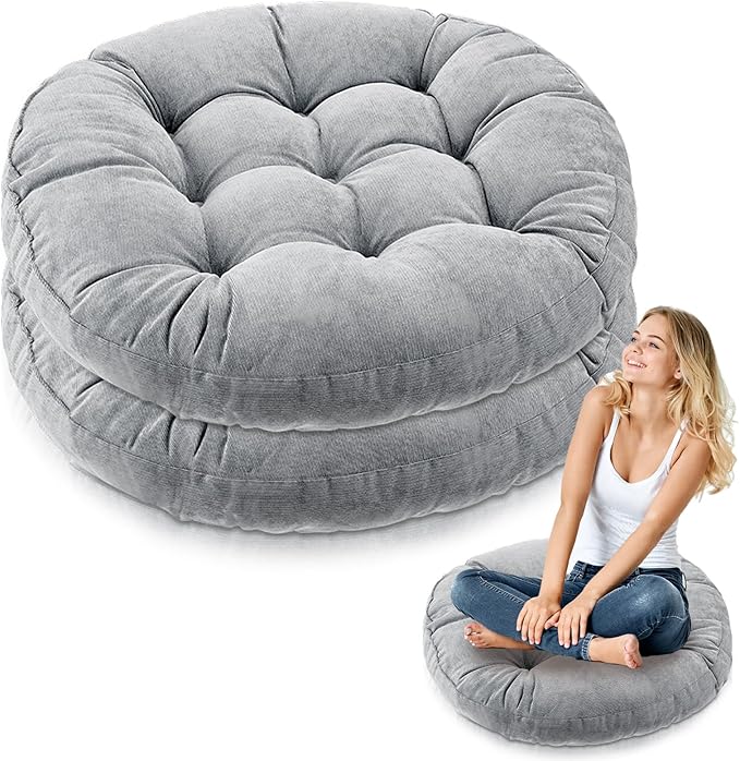Jerify Floor Pillow Cushions 22 x 22 Inch Round Square Large Meditation Floor Pillow for Classroom Adult Meditation Picnic Party Cushion for Seating Gift Christmas(Round,Light Gray,2 Pcs)