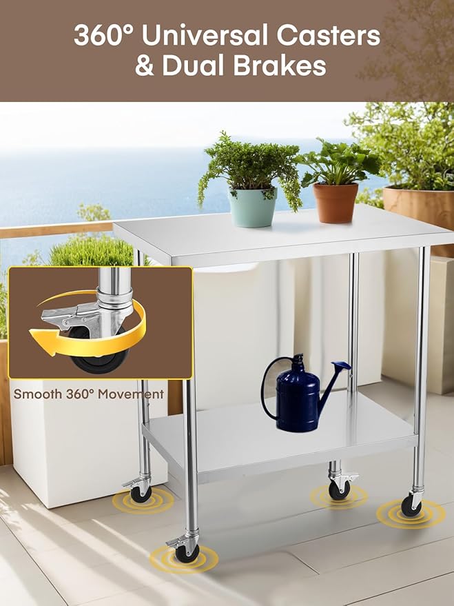 FOHERE Stainless Steel Table 36 x 24, with 4 Wheels, Two with Brakes, Prep Table for Commercial Restaurant, Home, Outdoor, Garden, Warehouse and Hotel