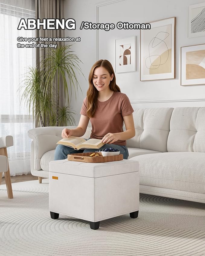 ABHENG 17.7 inches Chenille turfed Ottomans Cube with Storage, Metal-Framed Square Storage Ottoman Foot Rest Stool Holds 770 LB for Dorm Living Room Bedroom White UASND641W