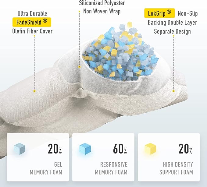 SUNROX LokGrip Non Slip Tufted Memory Foam Bench Cushion, FadeShield Water Resistant Durable Thicken Outdoor/Indoor Bench Seat Pads 42x16x4 inch, Cream