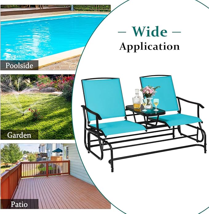 S AFSTAR 2-Person Outdoor Glider, Patio Glider Bench Chairs with Center Tempered Glass Table & Breathable Loveseat, Double Swing Glider Chair for Porch Garden Poolside Balcony Lawn (Turquoise)