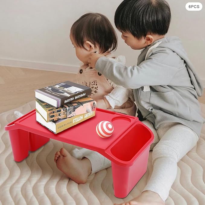 6 Pcs Kids Lap Desk Tray with Storage, 19.69 * 9.84 * 7.1in Desk Bulk Lap Table with Side Pockets and Slot, Portable Plastic Lap Bed Table for Writing Eating Game Classroom (Red)