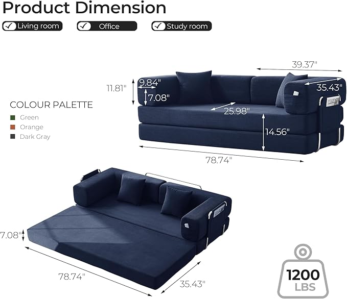 79" Convertible Sofa Bed with Pillows, Corduroy Folding Sleeper Sofa with Fixed-Shape Frame, Boneless Couch for Living Room Bedroom, Floor Sofa Lounge No Assembly Required (A - Style - Blue)