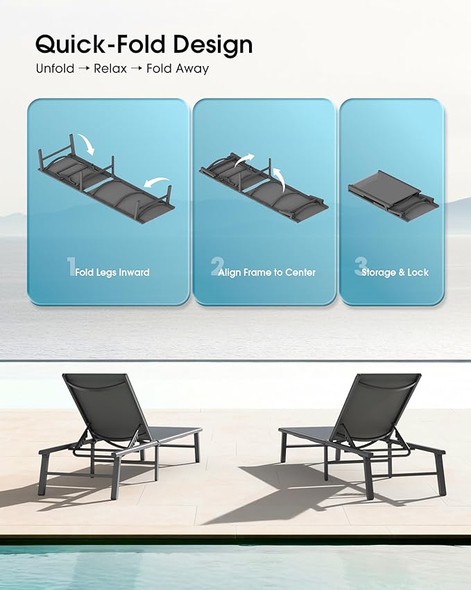 Ciokea Upgraded Aluminum Outdoor Lounge Chair - No Assembly Needed, Foldable Patio Chaise Lounge with 5 Adjustable Positions, Reinforced Frame for Extra Durability, Pool Beach Lounge Chair, Grey