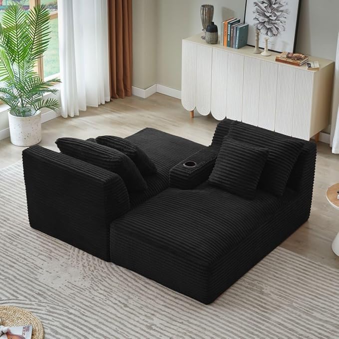 71" Oversized Double Chaise Lounge Sofa Indoor Boneless Sleeper Daybed, Fluffy Corduroy Upholstered Compressed Cloud Couch Loveseat Sofabed, Floor Chair w/Cupholders, Side Pockets for Living Room